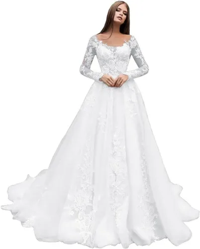Vestidos de novia de encaje para novia apliques de tul vestido de baile de manga larga vestido de novia de satén vestido de novia de sirena de noche