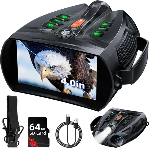 Gafas de visión nocturna 4K, prismáticos de visión nocturna con pantalla HD de 4.0 pulgadas con batería recargable de 5000 mAh, tarjeta TF de 64 GB