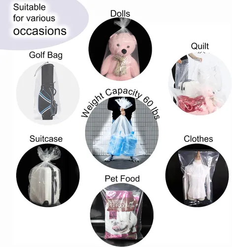 Miniatura 6 de Paquete de 2 fundas para bolsas de golf, 31 x 62 pulgadas, extra grandes, transparentes con cordón, bolsas de almacenamiento de plástico, buenas