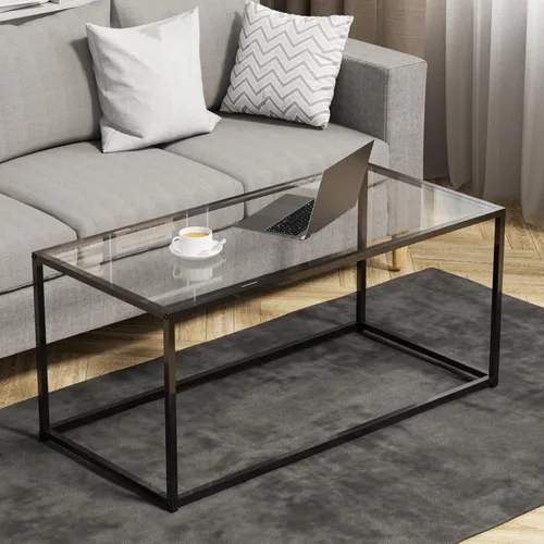 Miniatura 9 de Mesa de café redonda, pequeña mesa de café negra para sala de estar, mesa central moderna de 27" con tapa de vidrio transparente y marco de metal