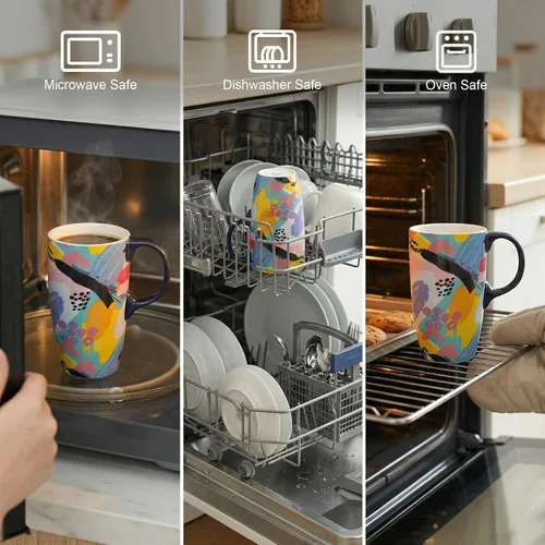 Miniatura 6 de Topadorn Taza de café de cerámica de 17 onzas con tapa, taza abstracta de los años 80, taza de té de porcelana de graffiti colorido, apta