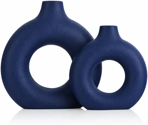 Jarrón de cerámica azul marino para decoración del hogar, juego de 2 jarrones minimalistas con forma de dona, decoración moderna azul marino para