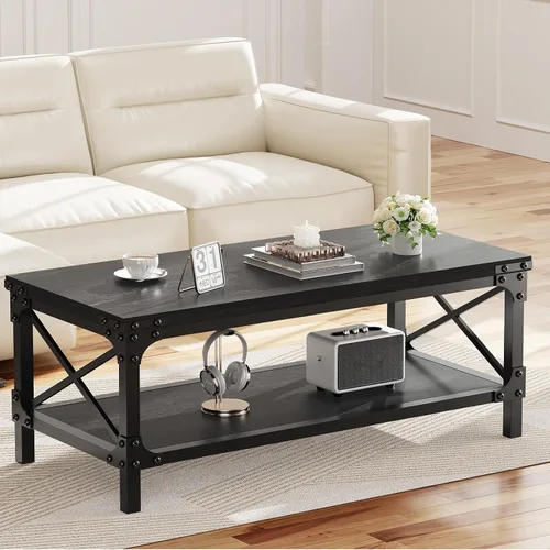 Miniatura 10 de Mesa de café rectangular para sala de estar, mesa de café rectangular de madera, mesa central moderna de 2 niveles de color marrón oscuro con Nogal