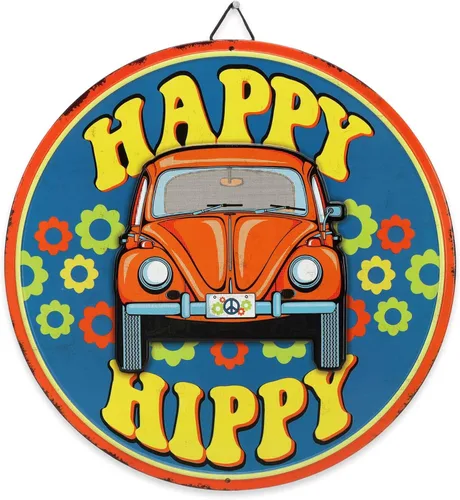 Volkswagen Happy Hippy Letrero Redondo de Metal - Divertido Letrero de VW Beetle para Garaje o Cueva del Hombre Naranja