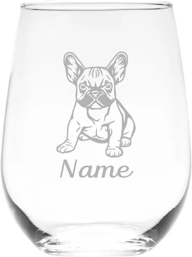 C M Vaso de vino sin tallo personalizado para perro Bulldog francés con nombre, 17 onzas, regalo personalizado para perros para mujeres y hombres