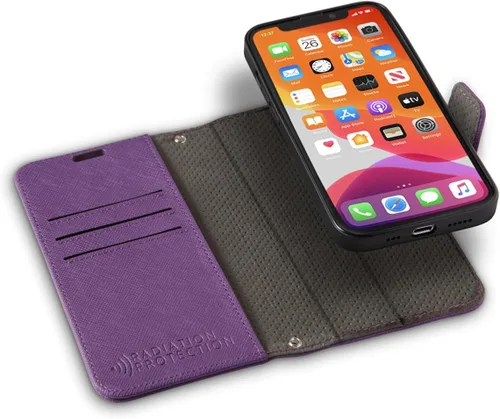 Miniatura 25 de SafeSleeve Funda de piel tipo cartera desmontable para iPhone 14 con bloqueador EMF para teléfono celular con 3 tarjeteros y soporte ajustable