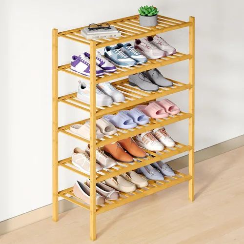 Miniatura 28 de Smiry Zapatero de bambú para clóset, organizador de zapatos apilable de 4 niveles largo de madera, estante de almacenamiento de zapatos Negro