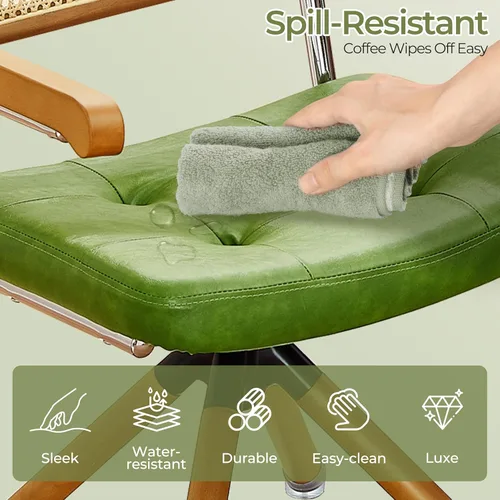 Miniatura 6 de Zouron Silla de escritorio moderna de mediados de siglo, silla de oficina de piel sintética sin ruedas, sillón giratorio con respaldo de ratán