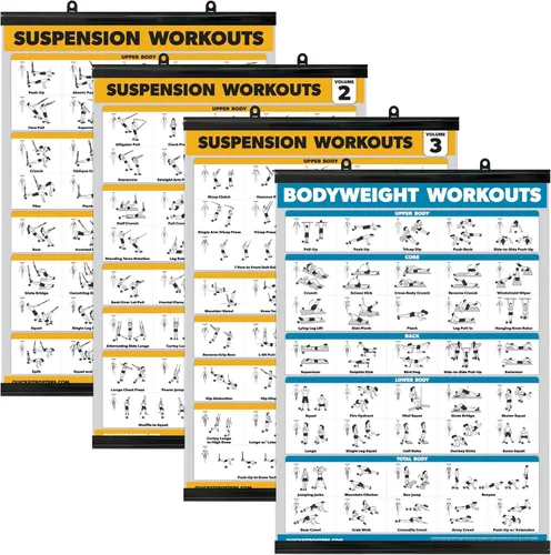 Miniatura 7 de Palace Learning Paquete de 4 pósteres de entrenamiento de suspensión volumen 1, 2 y 3 + tabla de ejercicios de peso corporal – Juego de 4 pósteres