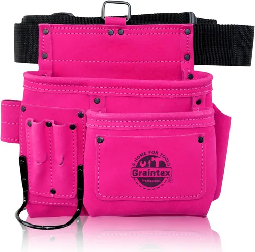 Graintex Cinturón/Bolsa de herramientas de piel de ante de 5 bolsillos | Rosa | Cinturón de herramientas de cuero multiusos para mujeres y hombres |
