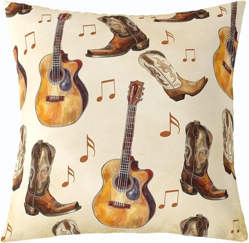 Castle Fairy Cowboy Boots Throw Pillow Cover 16"x16" Bohemia Musical Guitar Pillowcase Western Rustic Cowgirl Reversible Print Cushion Cover Music