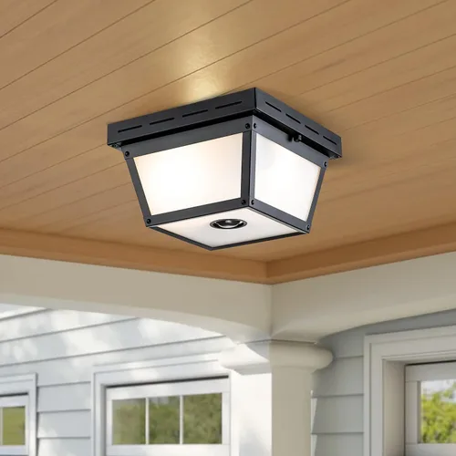 Miniatura 6 de Lámpara de techo con sensor de movimiento de 2 luces, luz empotrada para exteriores, luces de porche, montaje en techo negro con vidrio texturizado