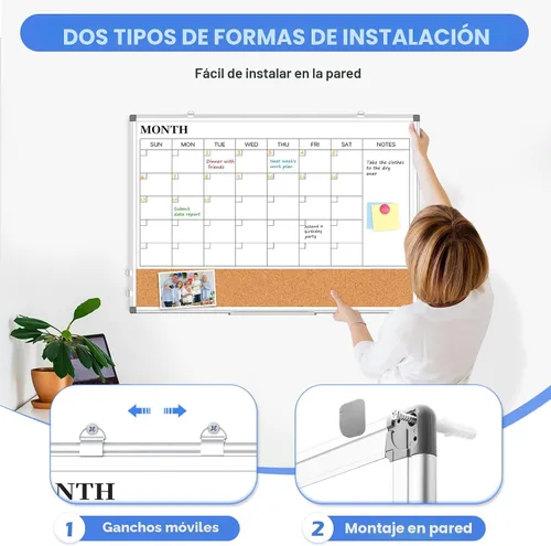 Miniatura 4 de Pizarra Blanca de Calendario Mensual de Borrado en Seco Combinada con Tablero de Corcho para Pared, 24" x 18" Calendario de Pizarra Blanca de Doble