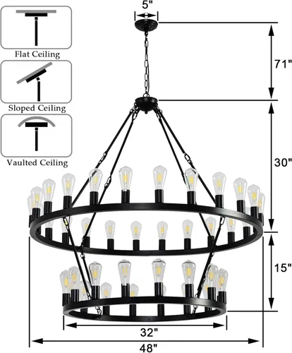 Miniatura 5 de Candelabro negro de 48 pulgadas con rueda de vagón, 2 niveles y 40 luces, estilo granja, industrial, redondo, de techo alto, cadena ajustable
