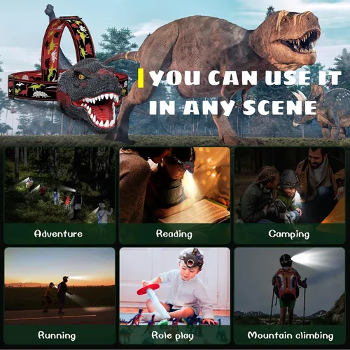 Miniatura 4 de Dysaim Linterna Frontal para Niños, Linterna Frontal de Dinosaurio T-Rex Recargable para Niños y Lámpara LED de Cabeza, Linterna de Equipo