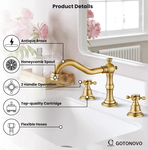 Miniatura 9 de gotonovo Grifo de baño de 3 agujeros y 8 pulgadas, grifo de lavabo de baño extendido, 2 asas cruzadas, grifo mezclador vintage con drenaje Latón