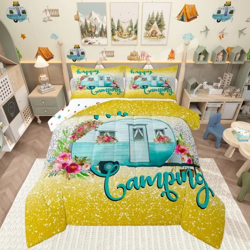 Miniatura 48 de Juego de edredón de camper tamaño matrimonial, edredón acolchado para adolescentes y niños, juego de ropa de cama rústica de granja para niños