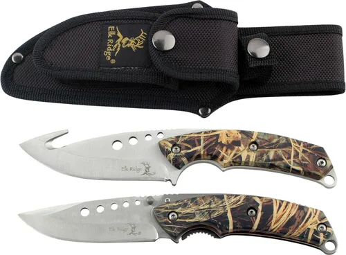 Elk Ridge ER-054CA Juego de cuchillos de caza de 8,5 pulgadas fijo y 5 pulgadas plegable Camuflaje