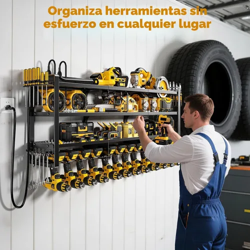 Miniatura 2 de POKIPO Organizador grande de herramientas eléctricas de 49.5 pulgadas de ancho, soporte de pared con estación de carga, 4 niveles, resistente, 12