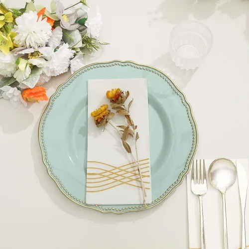 Miniatura 8 de Efavormart - Paquete de 10 platos llanos de plástico con borde festoneado negro/dorado de 9 pulgadas, platos desechables para fiestas de bodas