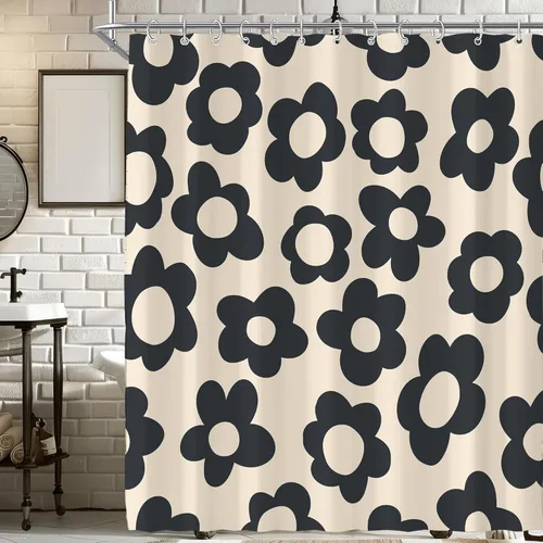 Miniatura 40 de Cortina de ducha pequeña para casa rodante, tamaño medio, estilo retro de los 70, con flores bonitas, estética abstracta de margaritas, decorativa