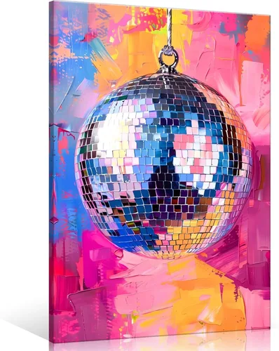 Miniatura 15 de Arte de Pared en Lienzo de Bola de Discoteca Rosa Suave de Moda, Póster con Textura de Bola de Espejo Plateada Funky para Chica, Impresión