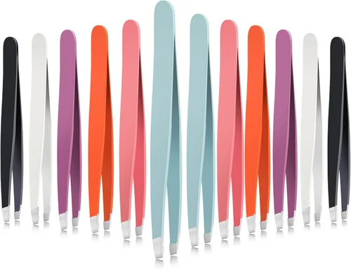 Mudder Juego de 12 pinzas para cejas para cabello facial, pinzas de punta inclinada de acero inoxidable a granel para hombres y mujeres (multicolor)