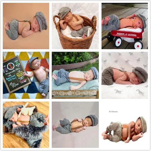 Miniatura 7 de Coberllus Accesorios para fotos de bebé recién nacido tela a cuadros para niños gorra plana y pantalones con tirantes