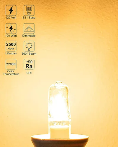 Miniatura 3 de JDE11 Bombillas Halógenas Mini Candelabra de 120V 100W, Bombilla T4 100W JD E11 Paquete de 4 (Bombilla LED E11 de Repuesto) 2700K Blanco Cálido