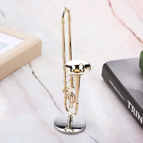 Miniatura 3 de Trombon Miniatura Trombón Ornamento Trombón Instrumento Musical Miniatura Modelo Trombón Con Supoort Y Estuche Para Casa De Muñecas Decoración De