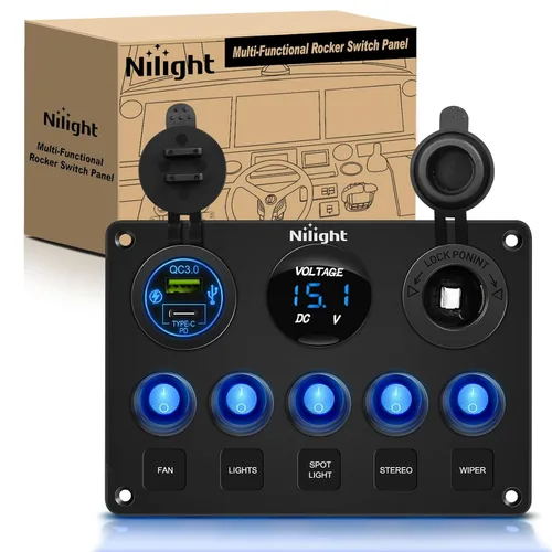 Miniatura 10 de Nilight 90101E - Cargador USB dual de 5 bandas multifunción basculante + volímetro digital + salida de 12 V, panel de interruptores precableado