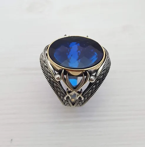 Miniatura 7 de Beautiful Handcrafted 925K Solid Sterling Silver Cubic Zircon Sapphire Color Men's Ring RP54