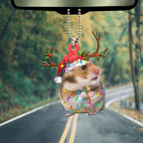Miniatura 5 de Talataca Hámster con sombrero de Navidad, reno con cadena de luces 2D plano para espejo retrovisor para automóvil, accesorios para el árbol