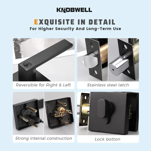 Miniatura 7 de KNOBWELL Paquete de 10 manijas de puerta de entrada resistentes color negro mate con cerrojo cuadrado a juego (para oficina y puerta delantera)