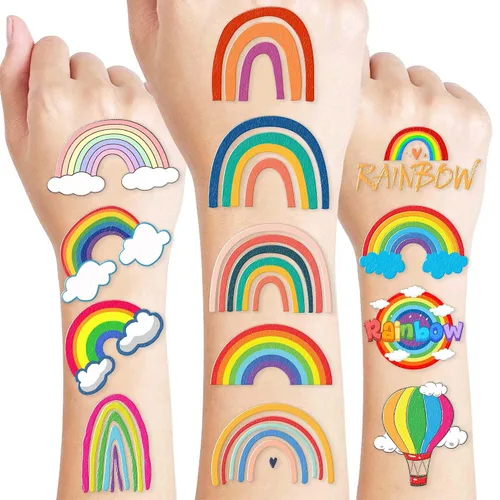 Miniatura 8 de 100 tatuajes temporales coloridos para niños y adultos, calcomanías falsas de neón arco iris, recuerdos de fiesta de cumpleaños