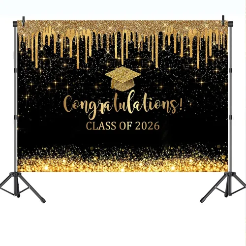 Miniatura 8 de Mocsicka Fondo de graduación de 7 x 5 pies 2026, decoraciones de graduación negro y dorado, pancarta de felicitaciones de graduación 2026, fondo