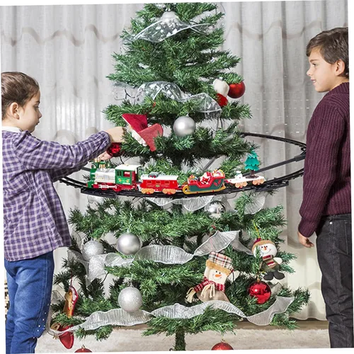 Miniatura 6 de Juego de tren de árbol de Navidad con luz y sonido colgante de tren de Navidad con locomotora trineo de carro y pistas para niños árbol de regalos .