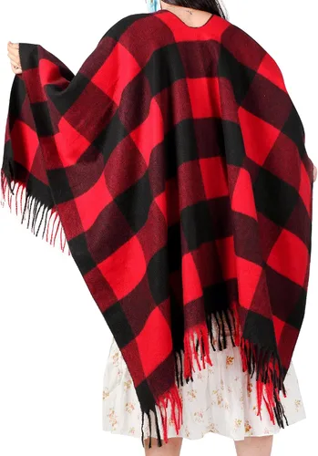 Miniatura 4 de Woven Knit Buffalo Plaid Poncho Blanket Sweater Poncho Ruana Wrap Shawl Warm for Women