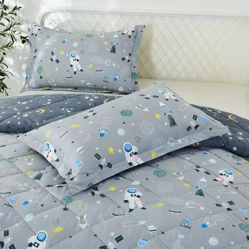 Miniatura 6 de Brandream Juego de ropa de cama espacial para niños y niñas, 100% algodón, juego de edredón de cohete espacial y galaxia, 3 piezas