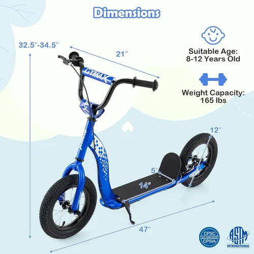 Miniatura 6 de GYMAX Patinete, Patinete de Empuje para Adultos, Adolescentes, Niños con Manubrio Ajustable, Ruedas Inflables de 12 Pulgadas, Freno de Pinza