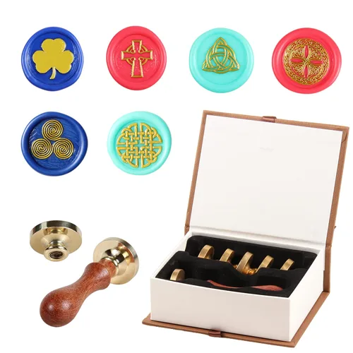 Miniatura 14 de Juego de 6 piezas de sello de cera de madera con cabeza de latón extraíble + 2 asas de madera + caja de cofre del tesoro de madera y cuero