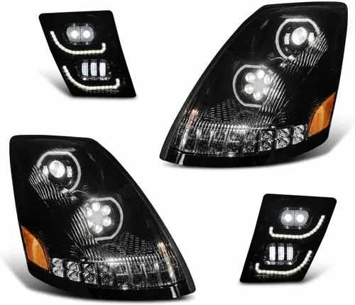 QSC Truck Parts faros delanteros LED de alto rendimiento negros con señales de giro secuenciales + juego de luces antiniebla LED izquierda y derecha
