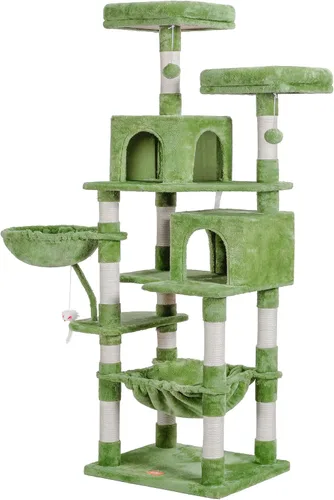 Miniatura 18 de Heybly Poste rascador para gatos, torre de árbol pequeño para gatos con 3 postes de sisal completos, cama de felpa extraíble, cepillo de aseo