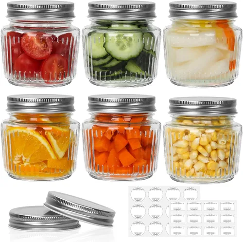 Miniatura 8 de Frascos de vidrio Mason de boca regular, tarros Mason mini de 4 oz, paquete de 8 frascos de vidrio transparente con tapas de plástico coloridas
