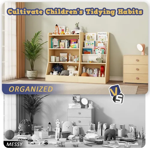 Miniatura 5 de IKALIFE Estantería de madera grande para niños de 39" y organizador de almacenamiento de juguetes, librero para bebés con estante colgante para Beige