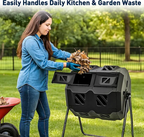 Miniatura 6 de Yesker Contenedor de compostaje de doble cámara para exteriores, compostador giratorio de 43 galones con puertas correderas, montaje rápido
