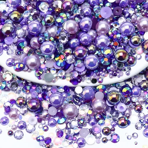 Miniatura 11 de 60g de perlas planas mixtas y diamantes de imitación para manualidades, vasos, zapatos, arte de uñas facial, perlas medias de 2mm-10mm y piedras