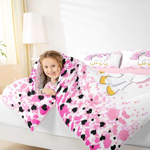 Miniatura 5 de Feelyou Juego de ropa de cama de unicornio para niñas, bonito edredón con purpurina de unicornio de dibujos animados arco iris para niños, juego