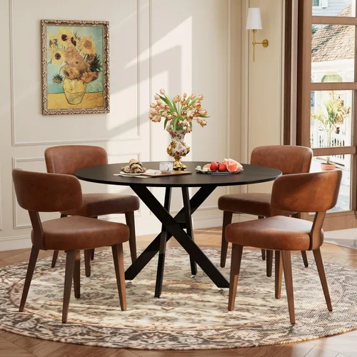 Miniatura 29 de Juego de mesa de comedor de madera para 2, mesa de cocina redonda de 36 pulgadas con 2 sillas de comedor Boucle, mesa de MDF con patas de metal