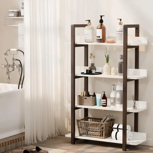 Miniatura 6 de Estantería de madera maciza de 4 niveles, moderna estantería industrial con protección de borde trasero, estantes de almacenamiento independientes